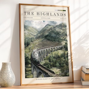 May include: A framed print depicting the Scottish Highlands. The artwork shows a train on a stone viaduct, surrounded by green hills and valleys. The print includes the text "The Highlands" and "Echoes Sleep in the Glenn", evoking a sense of place.