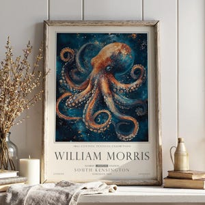 Nautical Octopus Print, William Morris Inspired Bathroom Wall Art, Vintage Ocean Decor, UNFRAMED