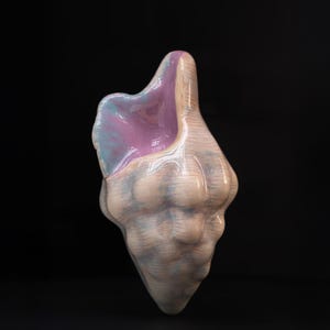 May include: A ceramic sculpture in the shape of a seashell. The shell is painted in shades of blue, white, and pink. The sculpture has a textured surface and a unique, organic shape.