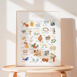May include: A vertical rectangular poster titled BIBLE ALPHABET FIRST LIGHT PAPER featuring colorful illustrations for each letter from A to Z. Each letter is paired with a biblical word and a corresponding graphic, such as an angel, bible, church, and whale.