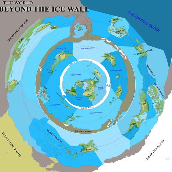 V1.0 El mundo más allá de la pared de hielo Descarga digital de alta resolución Mapa de la Tierra plana más allá del territorio extraterrestre de la Antártida Luna Cosmos Impresión HD