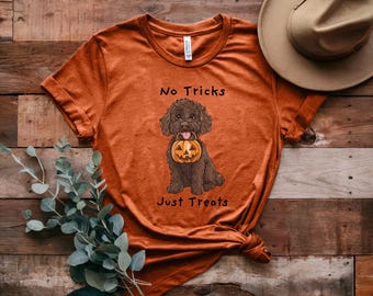 Camiseta de Halloween con labradoodle sin trucos, solo golosinas, camiseta de Halloween con labradoodle, camiseta de Halloween con labradoodle, regalo para amantes de los perros