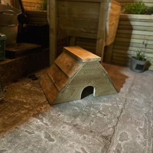May include: A wooden animal shelter with a triangular roof and a small entrance hole. The shelter is made of natural wood and has a rustic appearance.