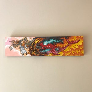 May include: A rectangular painting depicting a surreal scene. A red whale-like creature with a pentagram on its side is engulfed in flames. A figure in white robes flees from a fiery demon. The background is a mix of pink, orange, and yellow.