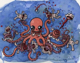 Octo-Nom 11 x 14 Archival Print Octopus Eating Babies