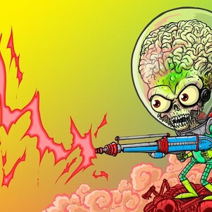 Puede incluir: Ilustración de dibujos animados de un alienígena verde con un cerebro grande en un casco de vidrio, sosteniendo una pistola de rayos azul. El alienígena está disparando un rayo rojo, con un fondo degradado amarillo y verde.