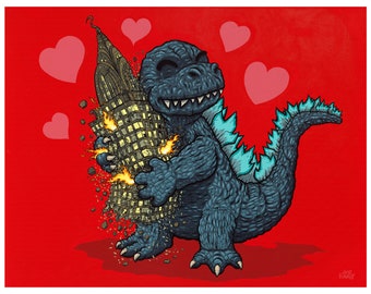 Valentines Day 11 x 14 Print Godzilla