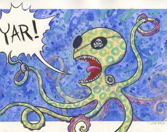 The Deadly Blue Ringed Octopus Pirate Original Watercolor