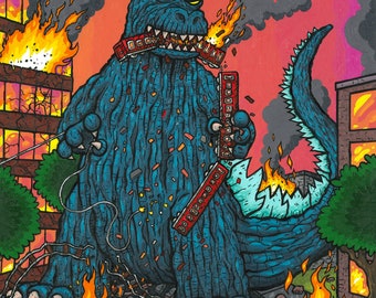 Godzilla vs Train 12x12" Print