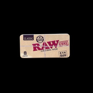 May include: A rectangular box of RAW Cone slow-burning papers. The box is tan with red text that reads "RAW CONE" and "SLOW BURNING PAPERS." It also has the text "8 PACK" and "1 1/4 SIZE."