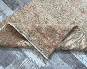 Handmade Oushak Rug 3x11: Pinkish Green Turkish Vintage Rug 2.9x11.3 Ft