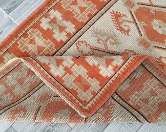 3x4 Orange Weiß Grün Oushak Teppich, 3x4 handgemachter türkischer Teppich, Vintage Wohnzimmer Schlafzimmer Küche Kindereingang kleiner Teppich, Wohndekoration 2,9x4,1 Ft