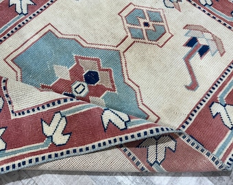 3x4 Pink Beige Blue Oushak Rug, 3x4 Handmade Turkish Rug, Vintage Living Room Bedroom Kitchen Kids Entry Small Rug, Home Decor 2.6x4.0 Ft