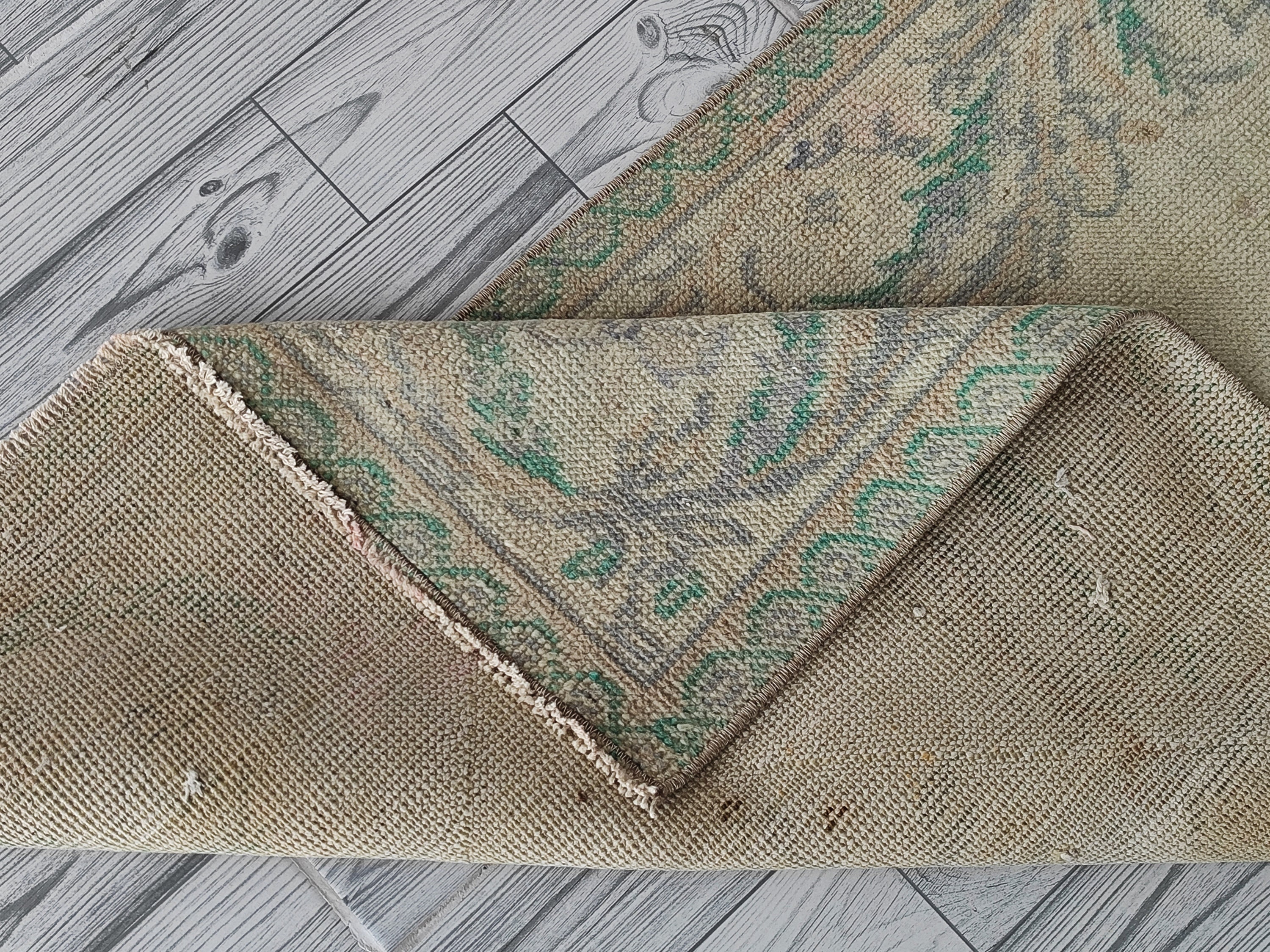 2x3 Green Beige Gray Oushak Rug, 2x3 Handmade Turkish Rug, Vintage Bathroom Kitchen Kids Dorm Office Entryway Rug, Home Decor, 2.1x3.3 Ft