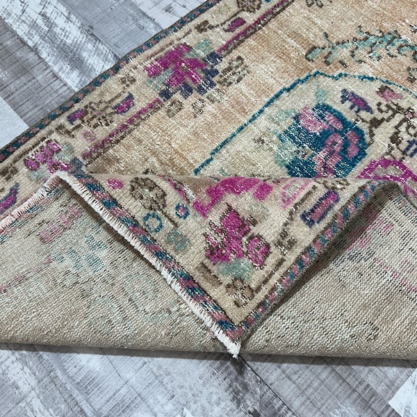 3x4 Brown Purple Blue Turkish Rug, Handmade Vintage Oushak Kitchen Rug, 2.7x4.0 Ft