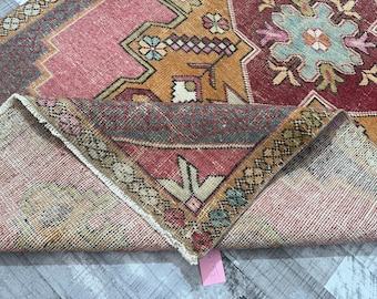 Vintage Oushak Turkish Rug 4.3x8.0 ft - Orange, Pink, Gray, Green