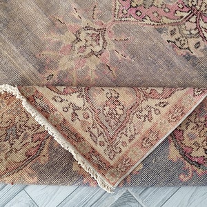 5x9 Vintage Oushak Rug: Pink, Purple & Beige Turkish Wool Rug