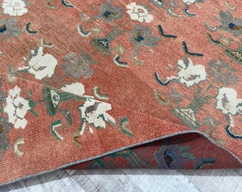 4x6 Faded Red Green Gray White Vintage Rug, 4x6 Oushak Rug, Turkish Living Room Bedroom Kitchen Entry Wool Area Rug, Home Decor 3.6x6.0 Ft
