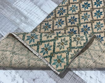Handmade Oushak Rug 2x4: Beige, Blue & Green Turkish Vintage Rug
