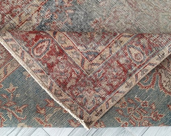4x6 Vintage Oushak Rug: Red, Blue & Beige Turkish Wool Rug