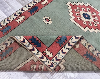 Handmade Wool Oushak Rug: 4x5 Green, Blue, Pink Turkish Area Rug