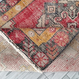 3x9 Red Beige Green Orange Vintage Runner, 3x9 Handmade Turkish Rug, Oushak Living Room Office Kitchen Entry Rug, Home Decor, 2.9x9.0 Ft