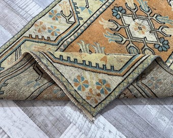 Handmade Oushak Runner 3x9: Orange, Blue, Beige, Green Turkish Vintage Rug, 2.7x9.3 ft