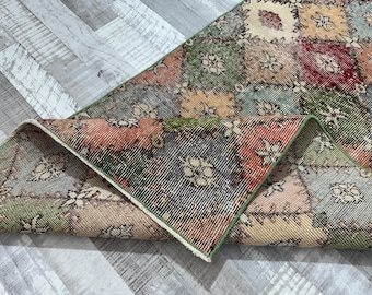 Vintage Oushak Runner Rug 3x7: Red, Green, Blue Turkish Wovenly Rug