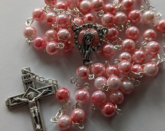 Catholic Rosary - Pink Carnation Czech Glass Beads - 6mm, Our Lady Center, Fatima Crucifix