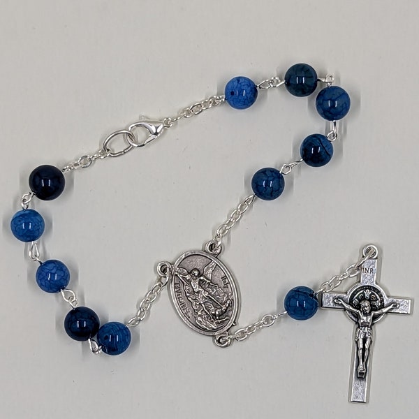 Car Rosary - Catholic, St Michael / Guardian Angel center, St. Benedict Crucifix, Blue Crackle Agate Beads