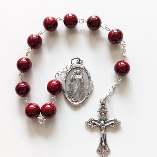 1 Decade Rosary, Divine Mercy Medal, Crucifix, Catholic, Red Quartz 8mm Beads