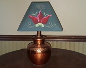 Copper Table Lamp With Hand Painted Shade - Hammered and Etched Copper, Cloth Shade, 17 quot Tall