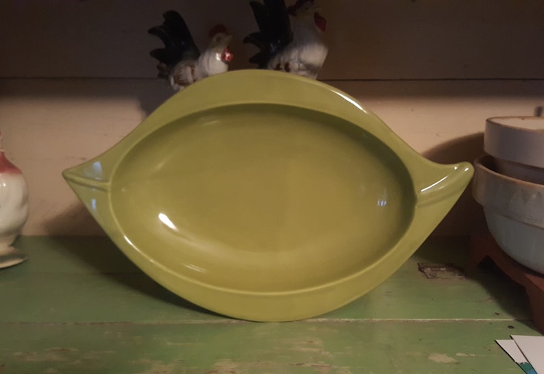 Made in Portugal Uniquely Shaped Large Olive Green Serving Bowl by Deartis