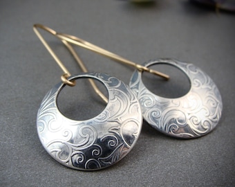 Sterling Silver Vine Pattern Disc Earrings – Mixed Metal 14k Gold Filled, Handmade Artisan Jewelry