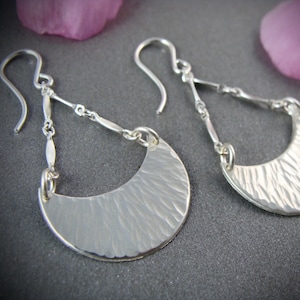 hammered sterling silver dangles, textured crescent moon dangles, silver half circle earrings, handmade earrings, siren jewels,gifts for her