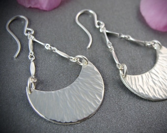 hammered sterling silver dangles, textured crescent moon dangles, silver half circle earrings, handmade earrings, siren jewels,gifts for her