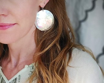 Hammered Sterling Silver Disc Earrings – 2" Full Moon Statement Hoops, Handmade Artisan Jewelry, Siren Jewels