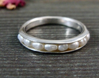 Handmade Sterling Silver Rice Pearl Ring – Petite Stacking Band, Minimalist Ring