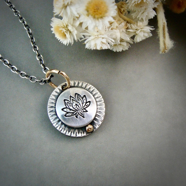 mixed metal lotus pendant, small artisan made pendant, gifts for her, layering necklace, siren jewels, zen pendant, disc pendant