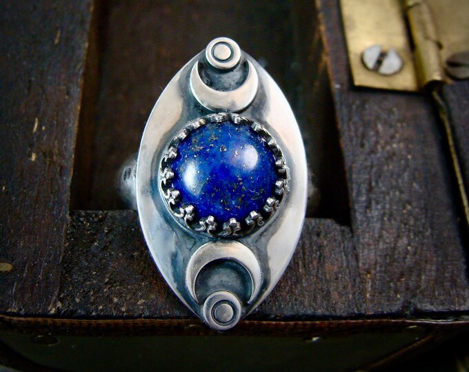 blue moon rising .. lapis lazuli ring, lapis ring, moon ring, celestial jewelry, witchy jewelry, cocktail ring, gifts for her