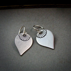 simple petite sterling silver dangles, petal earrings, stamped sterling petal shaped earring, gifts for her, siren jewels