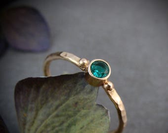 Emerald 14k Gold Ring - Hammered Minimalist May Birthstone Ring, "tiny earth spirit"