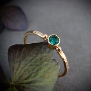 Emerald 14k Gold Ring: Hammered Minimalist May Birthstone Ring