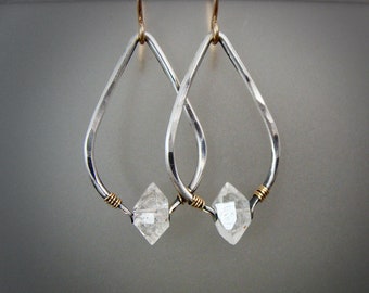 Herkimer diamond mixed metal boho dangle earrings, sterling silver Herkimer diamond earrings,hammered silver teardrop hoops,"higher realms"