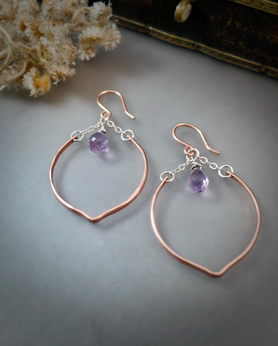 Rose Gold Amethyst Hoop Earrings – Lightweight Artisan Mixed Metal Statement Hoops, Jewelry Gift