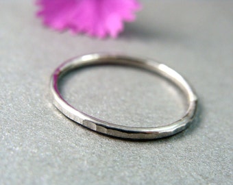 Hammered Solid 14k White Gold Stacking Ring - Delicate 1mm Band