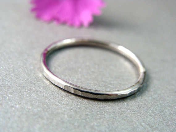 Petite solid 14k white gold stack ring, Hammered 1 mm gold band, Gifts for her, 14k gold jewelry, Delicate gold stack ring, Siren jewels
