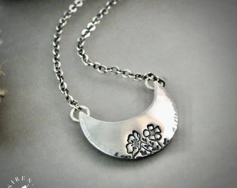 Silver Crescent Moon Wildflower Pendant - Handmade Artisan Jewelry