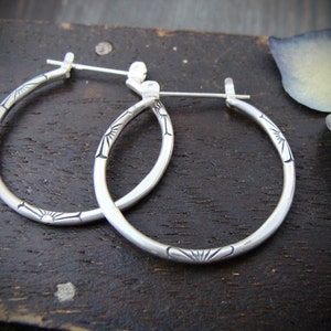 Hand Stamped Sterling Silver Hoop Earrings – Snap Closure, Handmade Artisan Jewelry