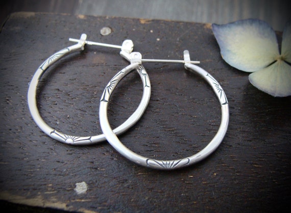 Small textured sterling silver hoops, Imprinted one inch hoops, Everyday earrings, Hand stamped silver hoops, Gifts for her, Siren jewels